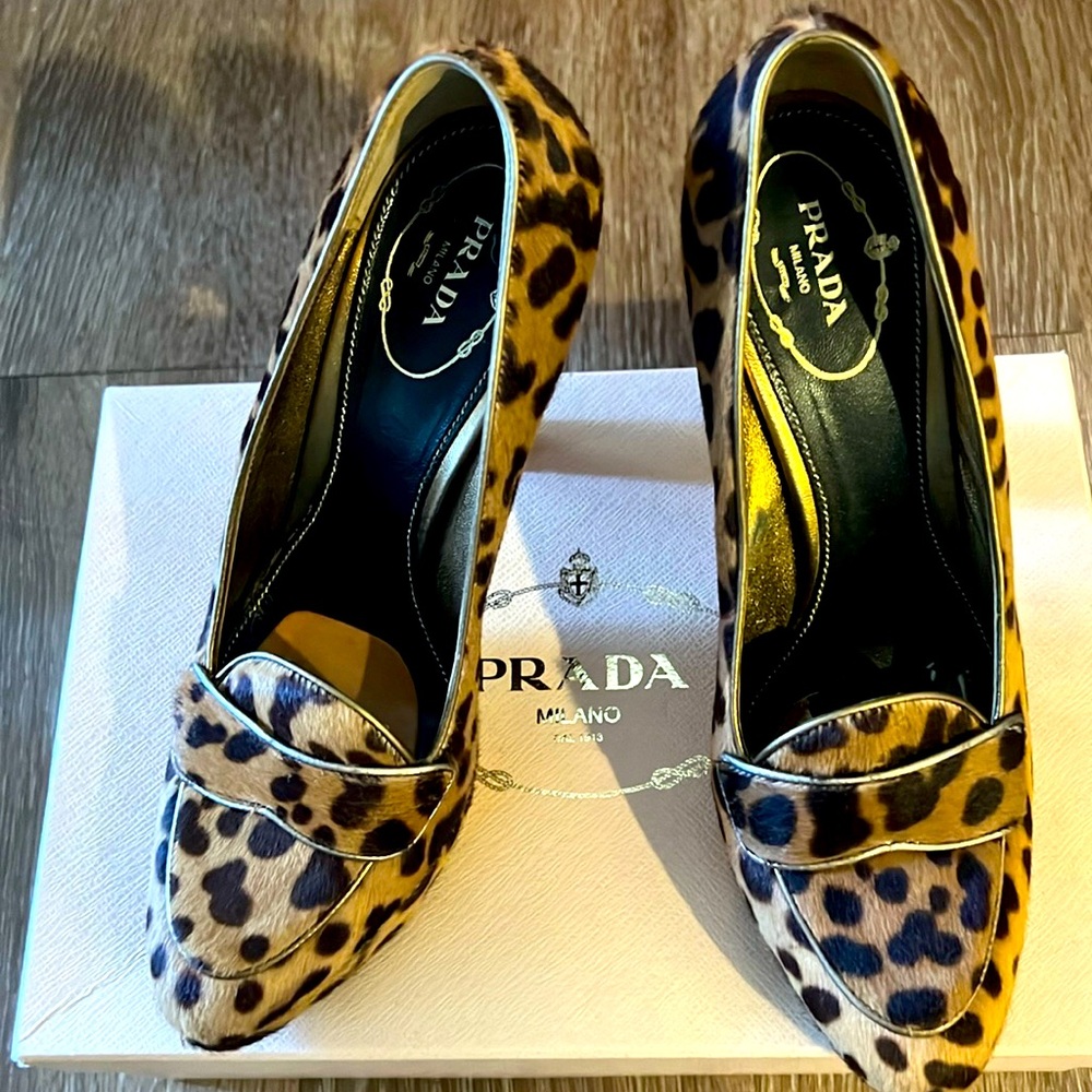 Ladies Prada pony hair, 4 inch platform, high heel loafer